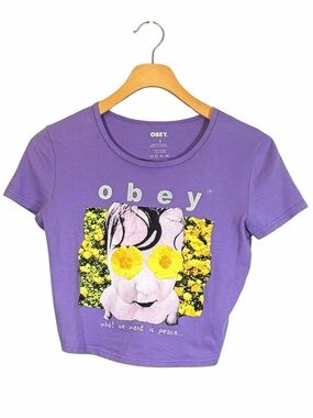 Obey Graphic Crop Baby Tee Size S Purple Yellow Streetwear Y2K Indie Sleaze